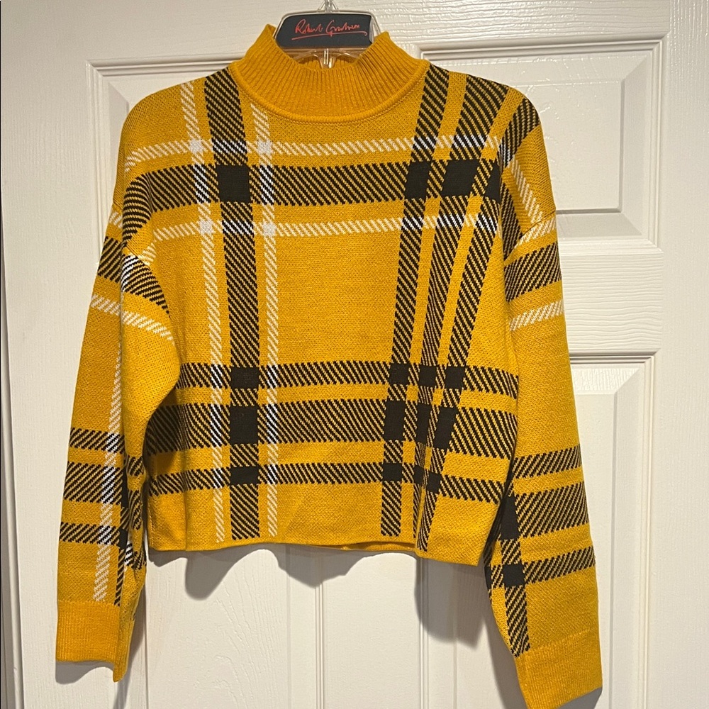 Women's Mustard and Black Plaid Turtleneck Sweater